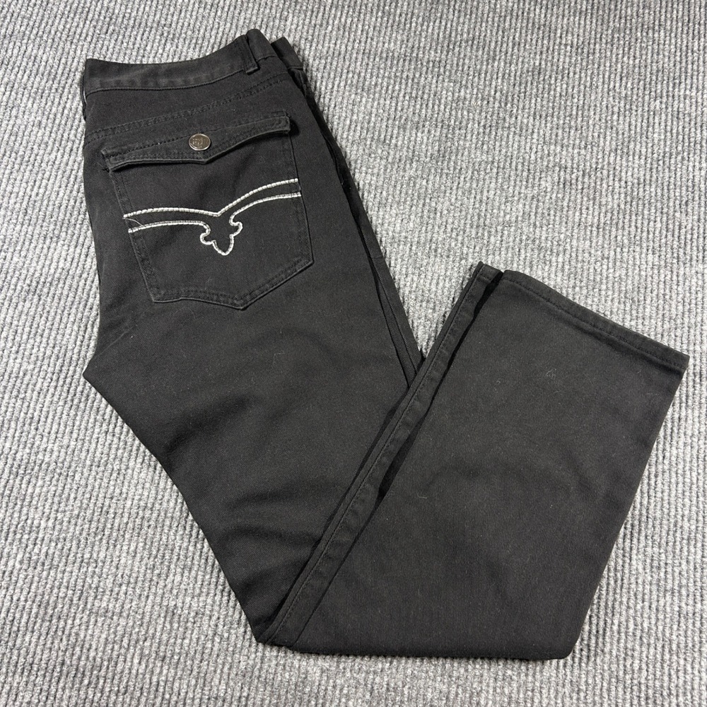 Jeanetix Mens Black Denim Jeans Size 36 Embroidered Flap Pockets Straight Leg